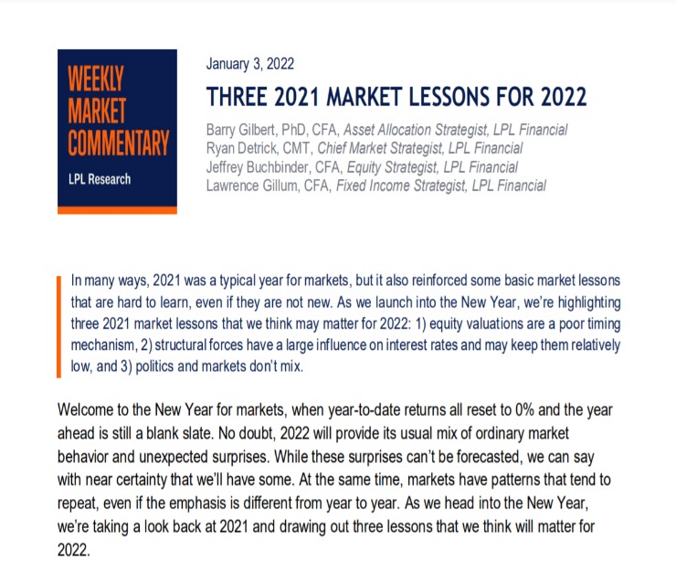 Three 2021 Market Lessons for 2022 | Weekly Market Commentary | January 3, 2022